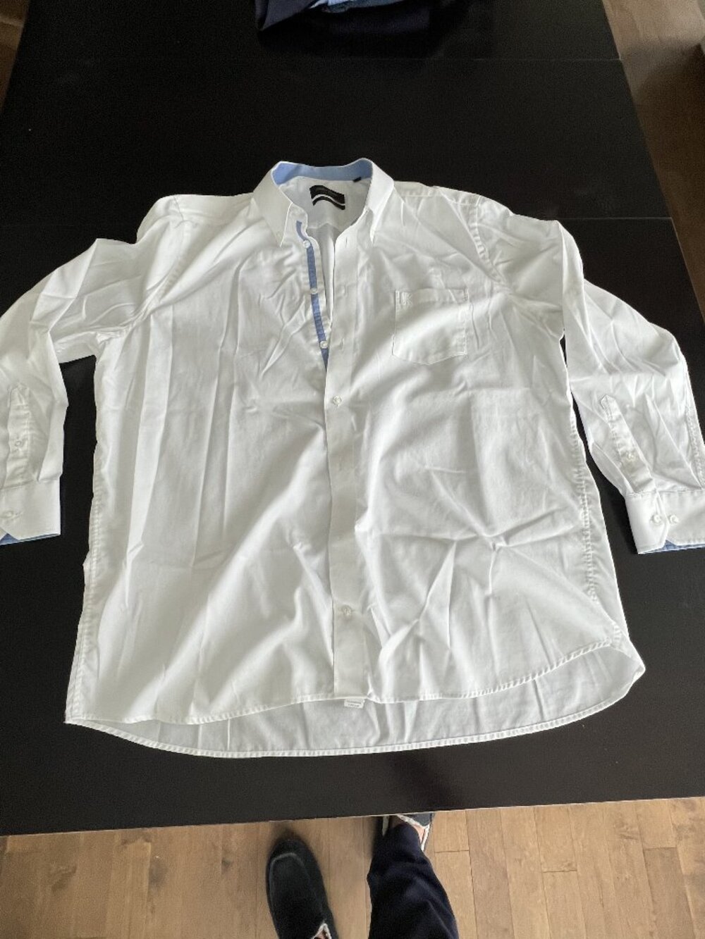 Klauss Boehler Men’s 18.5 Dress Shirt – White with Blue Trim, 100% Cotton